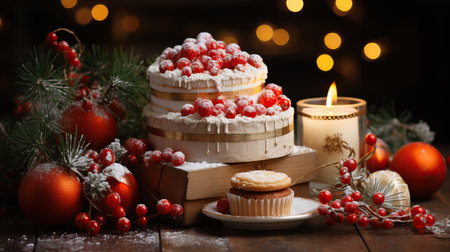 a cake with berries on top of a stack of books and a candleの素材