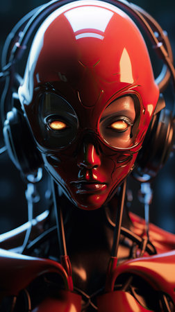 a woman wearing a red mask and headphonesの素材