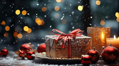 a gift box with a red ribbon and ornamentsの素材