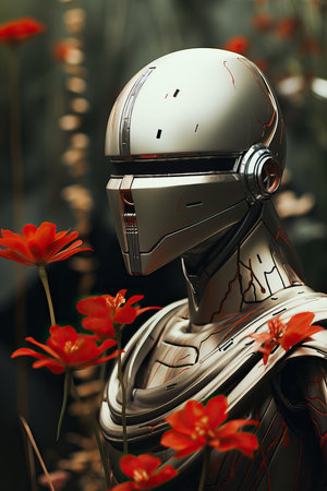a robot with red flowersの素材
