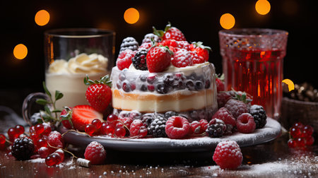 a dessert with berries on top and a glass of liquidの素材