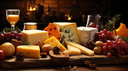 a group of cheeses on a wooden boardの素材