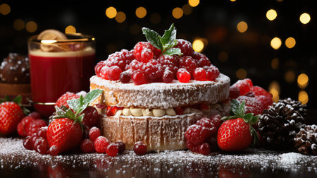 a cake with berries and a drinkの素材