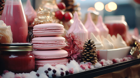 a tray of pink macaroons and other dessertsの素材