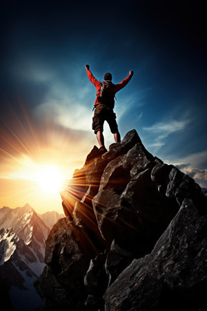 a man standing on a mountain top with his arms raisedの素材