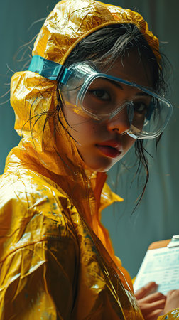 a woman wearing a yellow raincoat and gogglesの素材