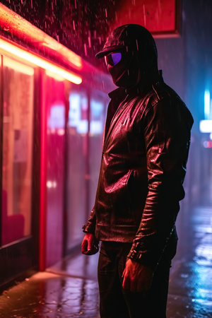 a man wearing a mask and standing in the rainの素材
