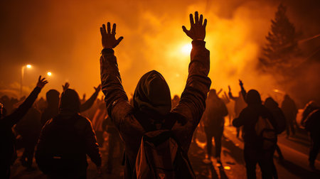 a person with their hands up in the airの素材