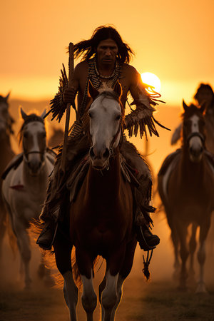 a man riding a horse with a spearの素材