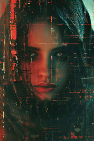 a woman with dark hair and red eyesの素材