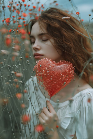 a woman holding a heart shaped object in a field of flowersの素材