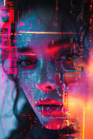 a woman with a grid of neon lightsの素材