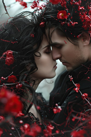 a man and woman with flowers on their headの素材