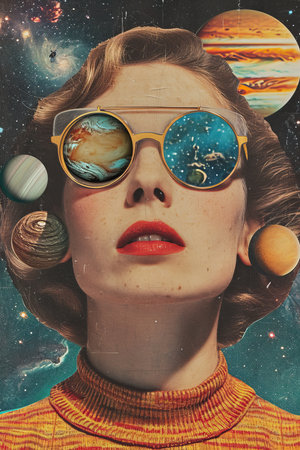 a woman with sunglasses with planets in her hairの素材