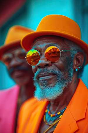a group of men wearing orange hats and sunglassesの素材