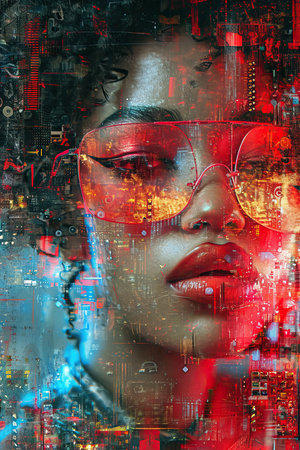 a woman with glasses and red lipstickの素材