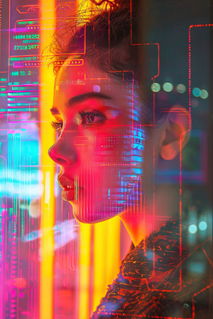 a womans face with a digital imageの素材