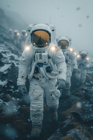 a group of astronauts walking on a rocky surfaceの素材