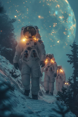 a group of astronauts walking on snowの素材