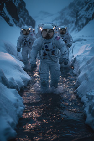 a group of astronauts walking through a stream of waterの素材