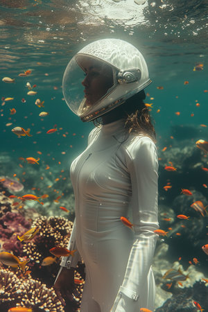 a woman wearing a white suit and helmet surrounded by fishの素材