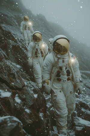 a group of people in white space suits walking up a rocky mountainの素材