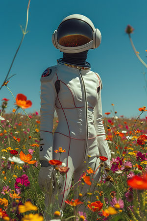 a person in a white suit in a field of flowersの素材