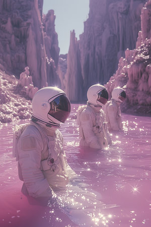 a group of people in white space suits standing in pink waterの素材