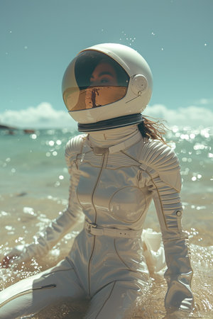 a woman wearing a white suit and a helmet on a beachの素材