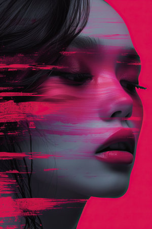 a woman with pink paint on her faceの素材