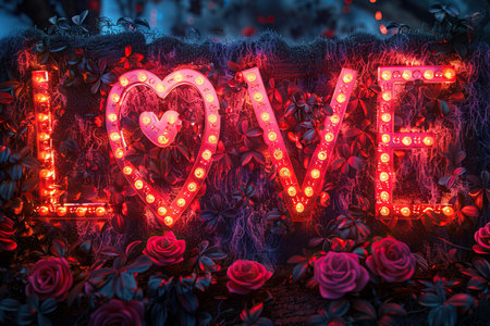 a sign with lights and flowersの素材