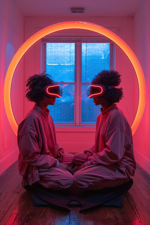 two women wearing virtual reality gogglesの素材