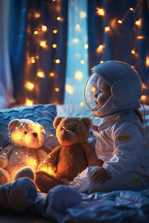 a child wearing a space suit and a helmet with a teddy bear and lightsの素材