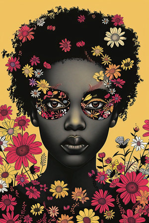 a woman with flowers on her faceの素材