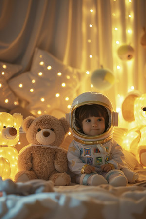 a child in a space suit and a teddy bearの素材