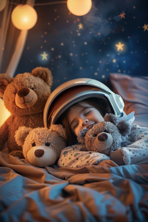 a girl in a helmet with stuffed bearsの素材
