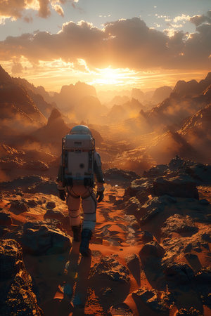 an astronaut walking on a rocky areaの素材