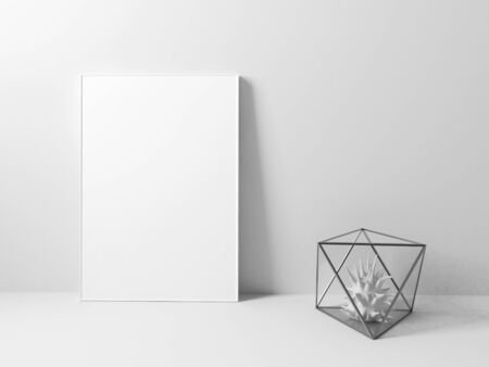 Interior poster mock up with vertical empty frame standing on floor and decorated. 3D rendering.