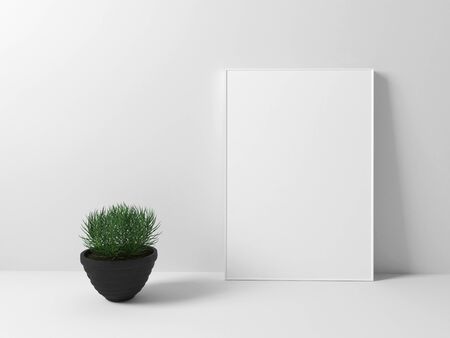 Interior poster mock up with vertical empty frame standing on floor and decorated. 3D rendering.の写真素材