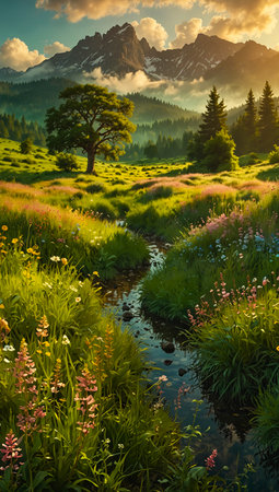 Fantastic summer landscape with alpine meadow and blooming flowers.の写真素材