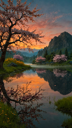 Beautiful spring landscape with lake and cherry blossom trees at sunsetの写真素材