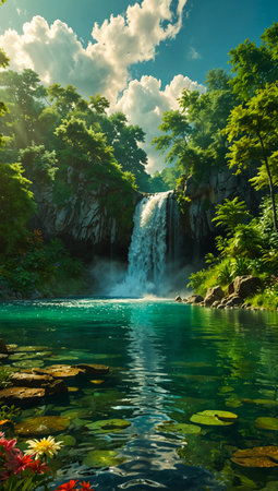 Summer landscape of a beautiful waterfall in a lush jungle settingの写真素材