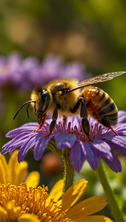 bee on a flower collects nectar from a flower in the gardenの写真素材