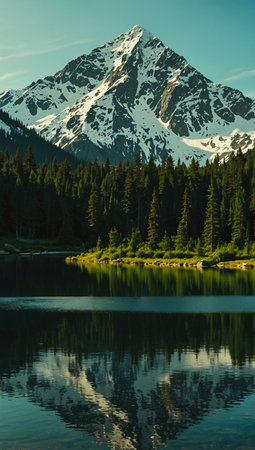 Mountain lake with reflection of snow-capped peaks and coniferous forestの写真素材