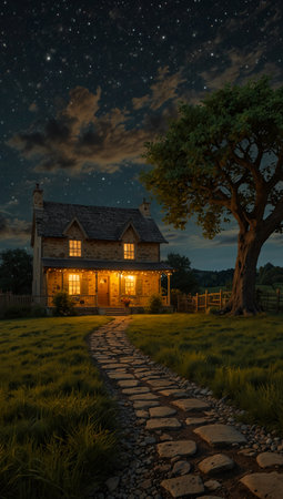 Beautiful night landscape with old house and tree in the foreground.の写真素材