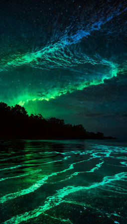 Aurora borealis in the night sky over the sea.の写真素材