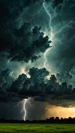 Stormy sky with lightning and rain. Nature background. 3d rendering