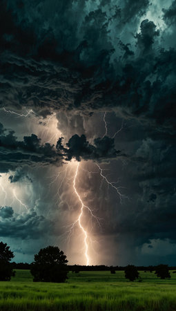 Thunderstorm over the field. Dramatic sky with lightning. Nature backgroundの写真素材