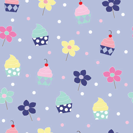 Cupcakes and flower pops with dots on blue background patternのイラスト素材