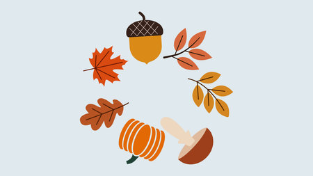 Cheerful Autumn Harvest Arrangement With Pumpkins, Mushrooms, Acorns, And Leaves, Perfect For Seasonal Designsのイラスト素材